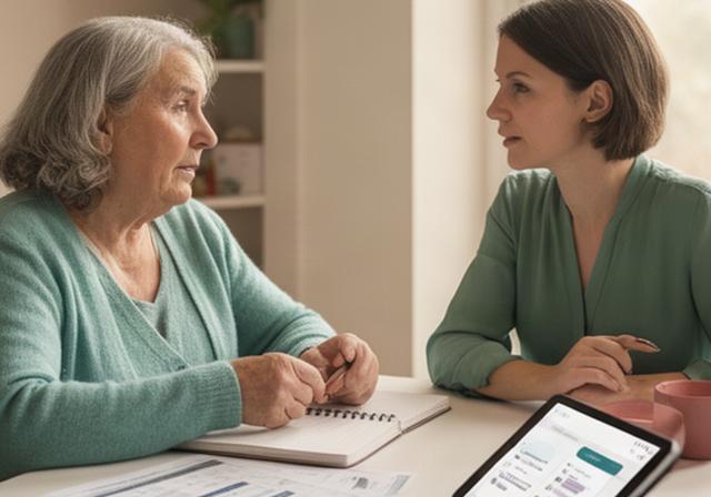 Een mantelzorger van middelbare leeftijd in gesprek met een adviseur van Ruiter Zorg over het combineren van werk en zorgtaken